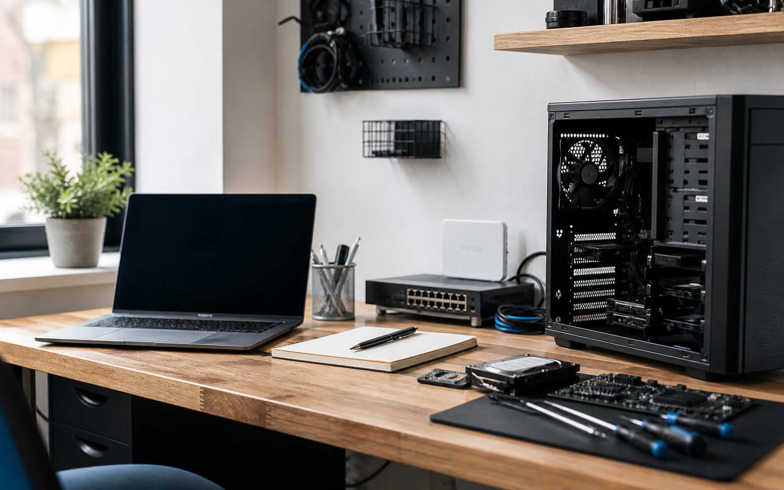 Clean technology workbench with laptop, computer components, and network equipment
